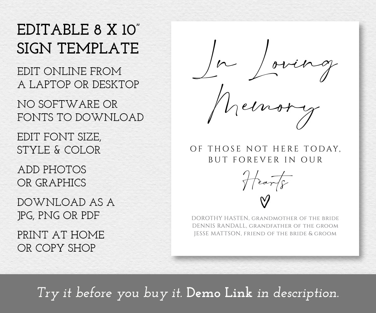 In Loving Memory Wedding Memorial Sign Editable Template 8 x 10"