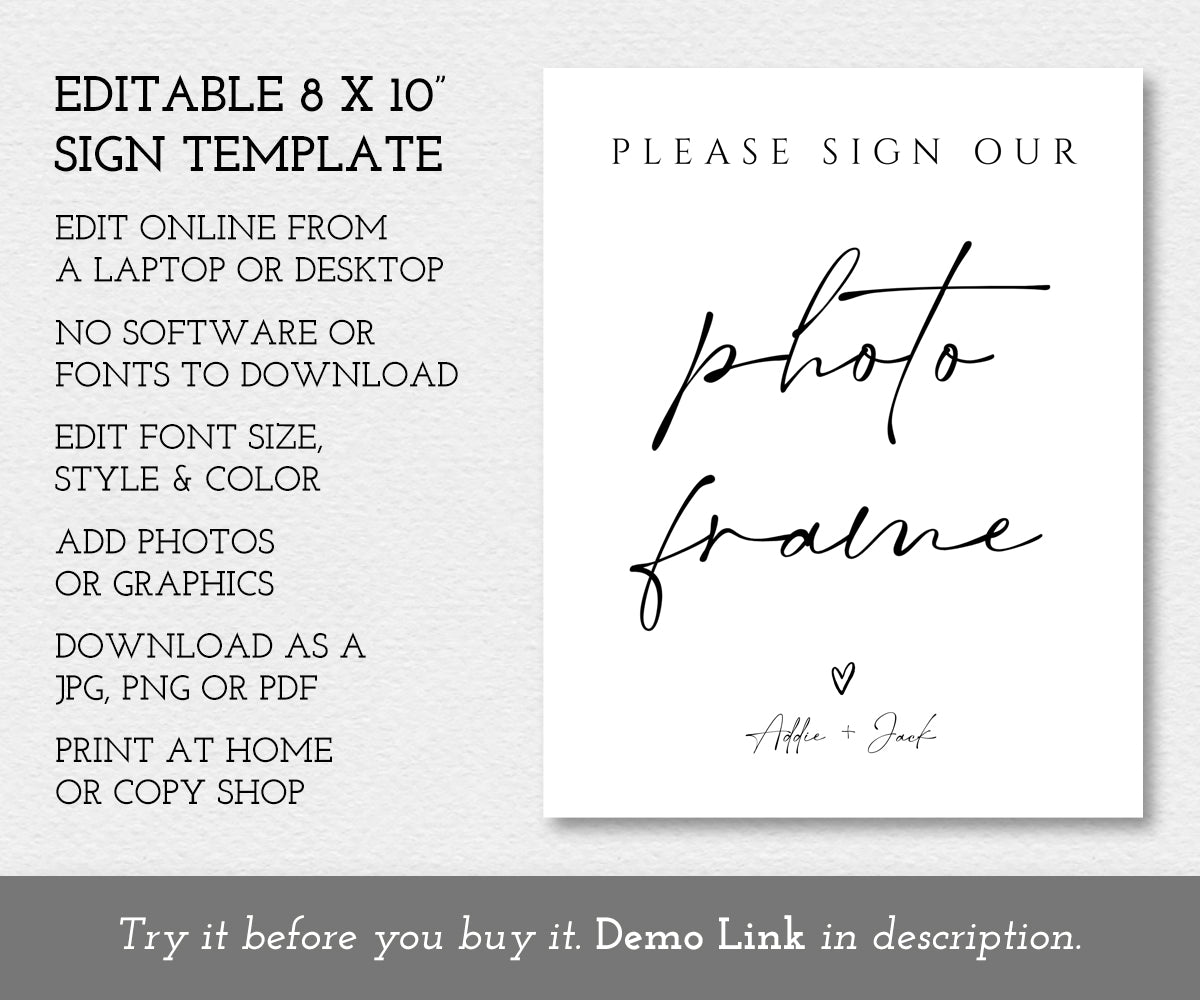 please sign our photo frame sign, 8 x 10" editable template