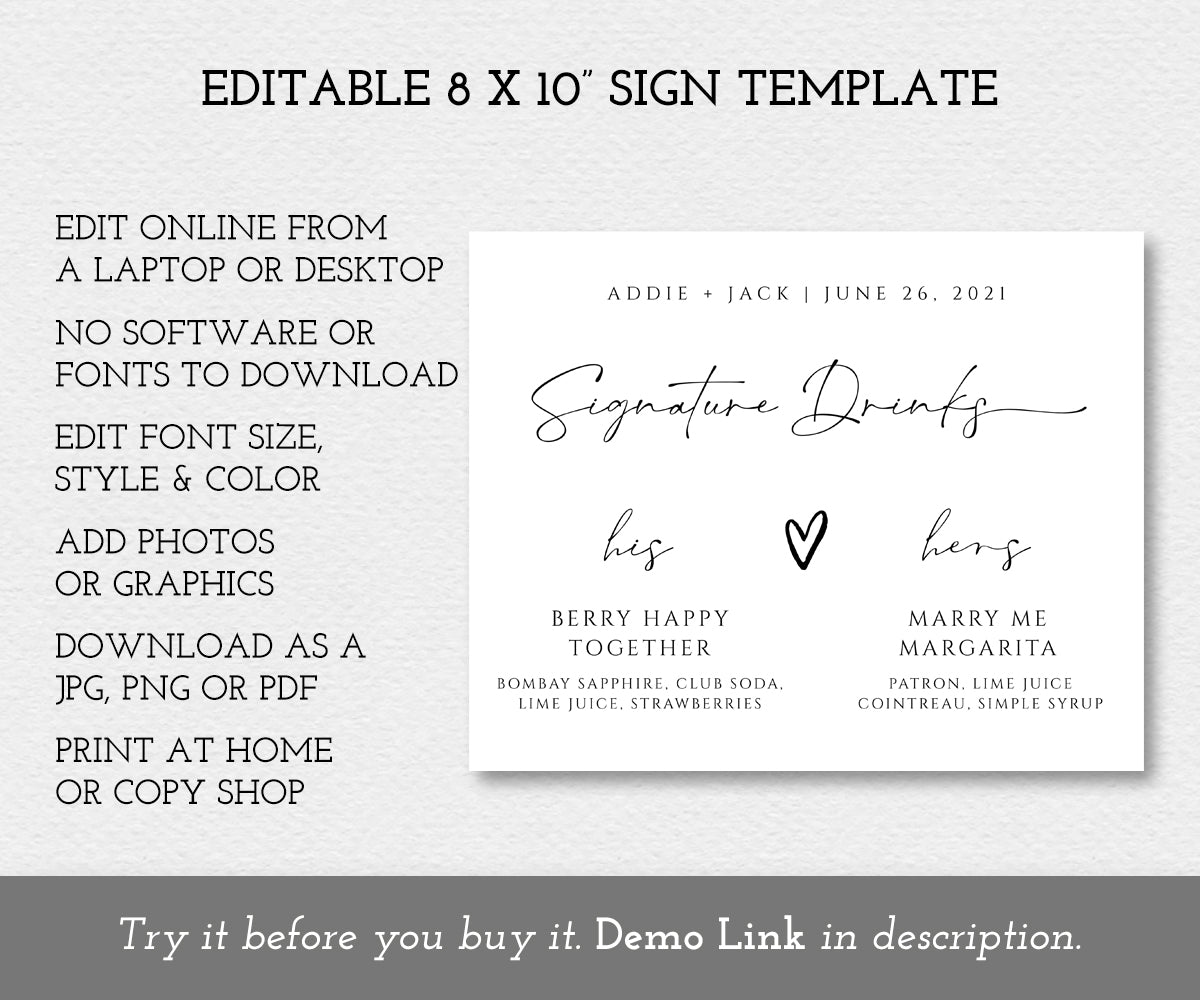 Editable 8 x 10" Signature Drinks sign editable template