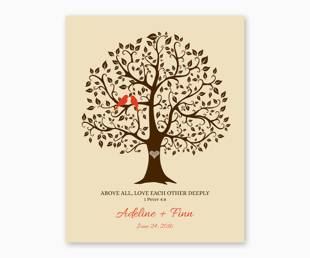 Above All, Love Each Othe Deeply, 1 Peter 4:8, Love Birds in Tree, Wedding or Anniversary Wall Art, Red birds