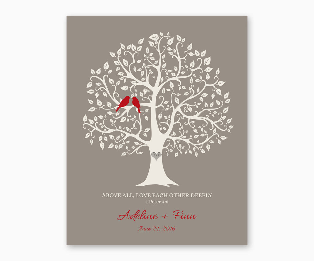 Above All, Love Each Othe Deeply, 1 Peter 4:8, Love Birds in Tree, Wedding or Anniversary Wall Art, Ruby birds