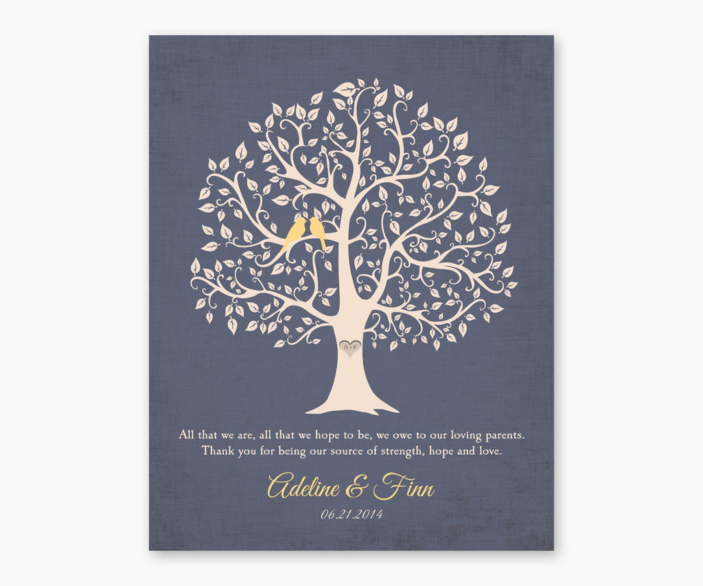 Thank You, Love Birds Wedding Tree Wall Art for Parents from Bride and Groom, Dark Blue