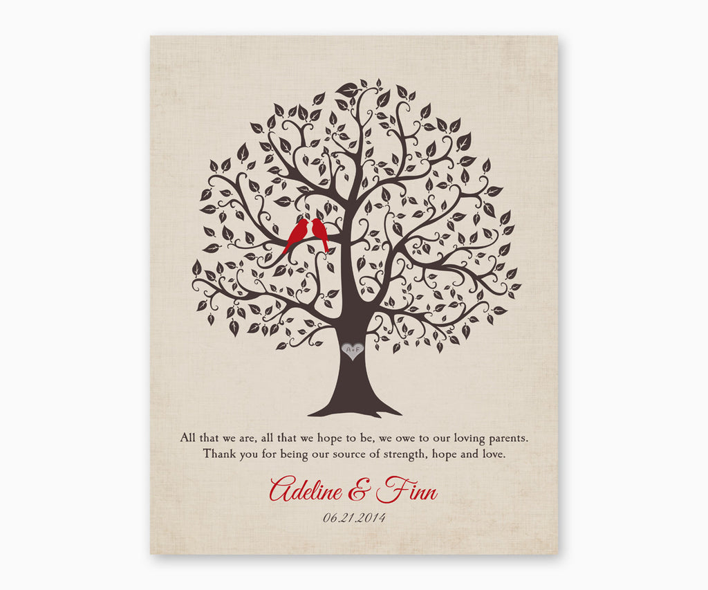 Thank You, Love Birds Wedding Tree Wall Art for Parents from Bride and Groom, Cream