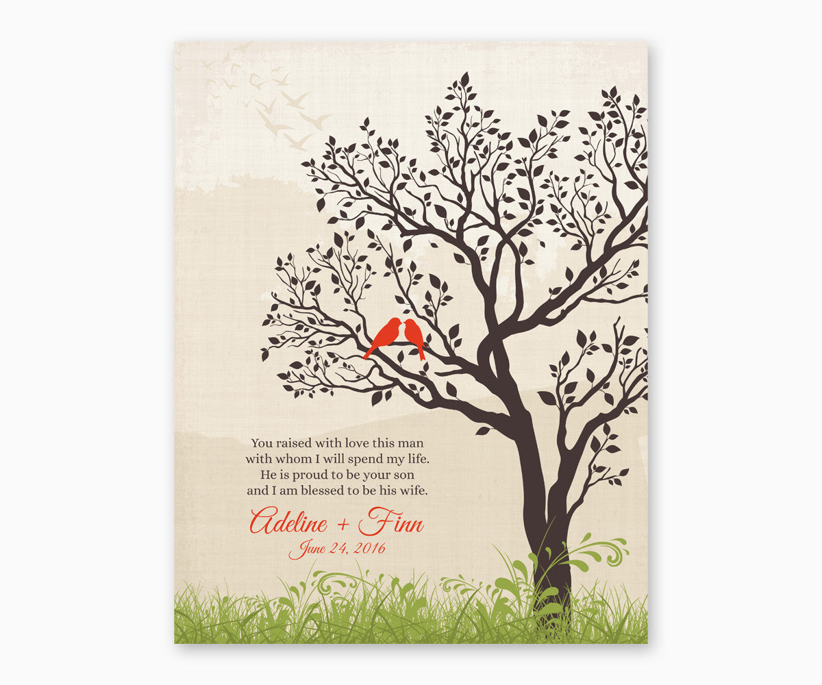 Wedding Gift for Groom&#39;s Parents from Bride, Love Birds Tree Wall Art, red birds