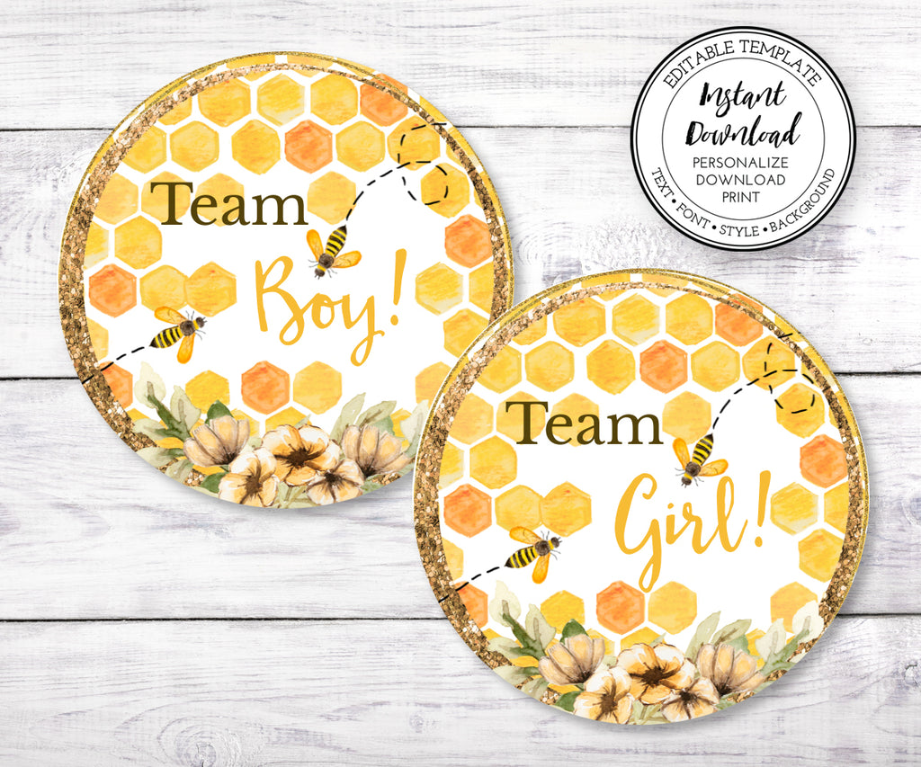 Bee Team Boy and Team Girl sticker templates for gender reveal or baby shower