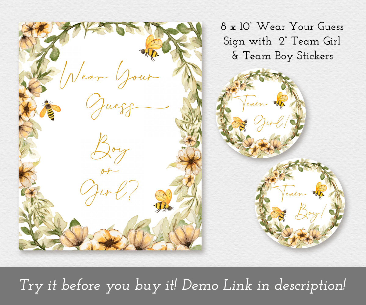 Bee and yellow flowers Wear Your Guess Sign and Team Girl Team boy stickers for baby shower or gender reveal game