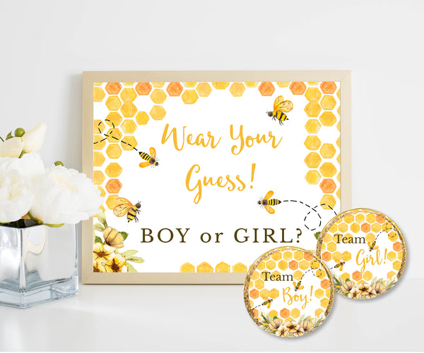Wear Your Guess sign, Team boy and girl stickers for bee baby shower or gender reveal game