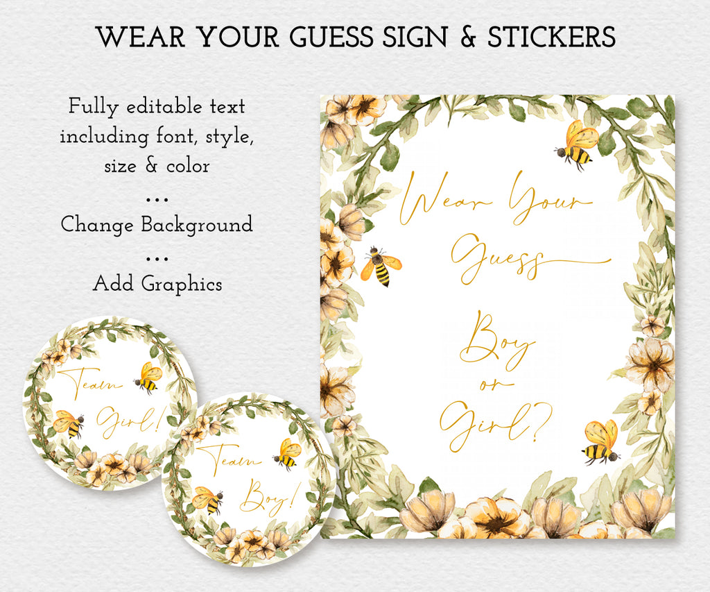 Wear your guess sign and stickers template, Bee and yellow flowers for team girl and team boy stickers for bee baby shower or gender reveal
