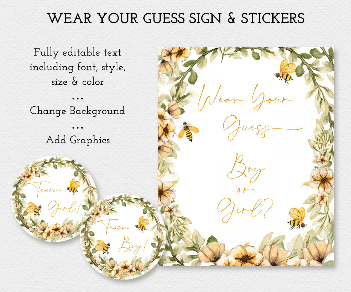 Wear your guess sign and stickers template, Bee and yellow flowers for team girl and team boy stickers for bee baby shower or gender reveal