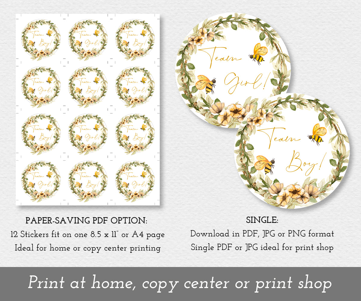 Bee and yellow flowers team girl and team boy stickers shown 12 on a sheet and as individual stickers