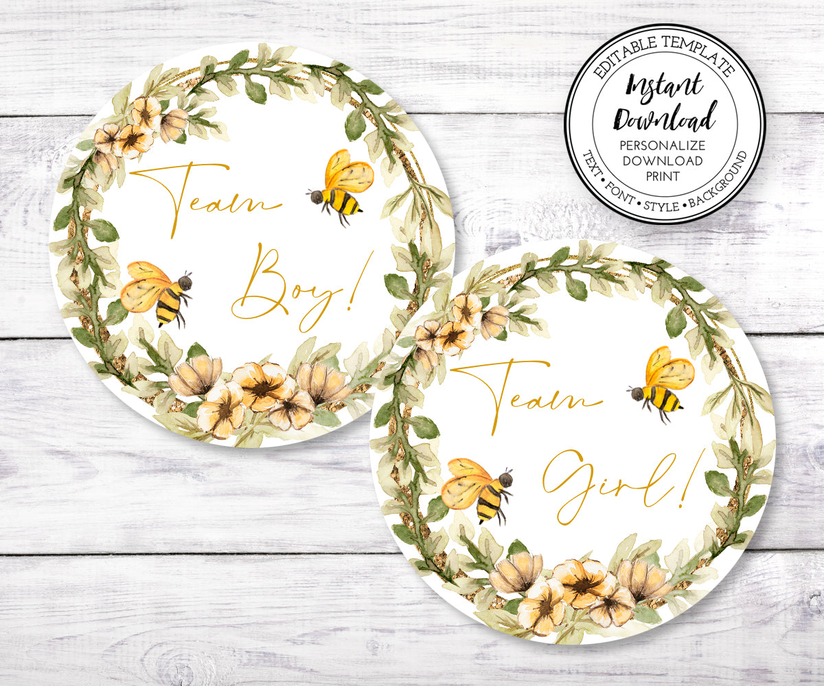 Honey bee and yellow flowers Team Boy Team Girl Stickers for Baby Shower or Gender Reveal