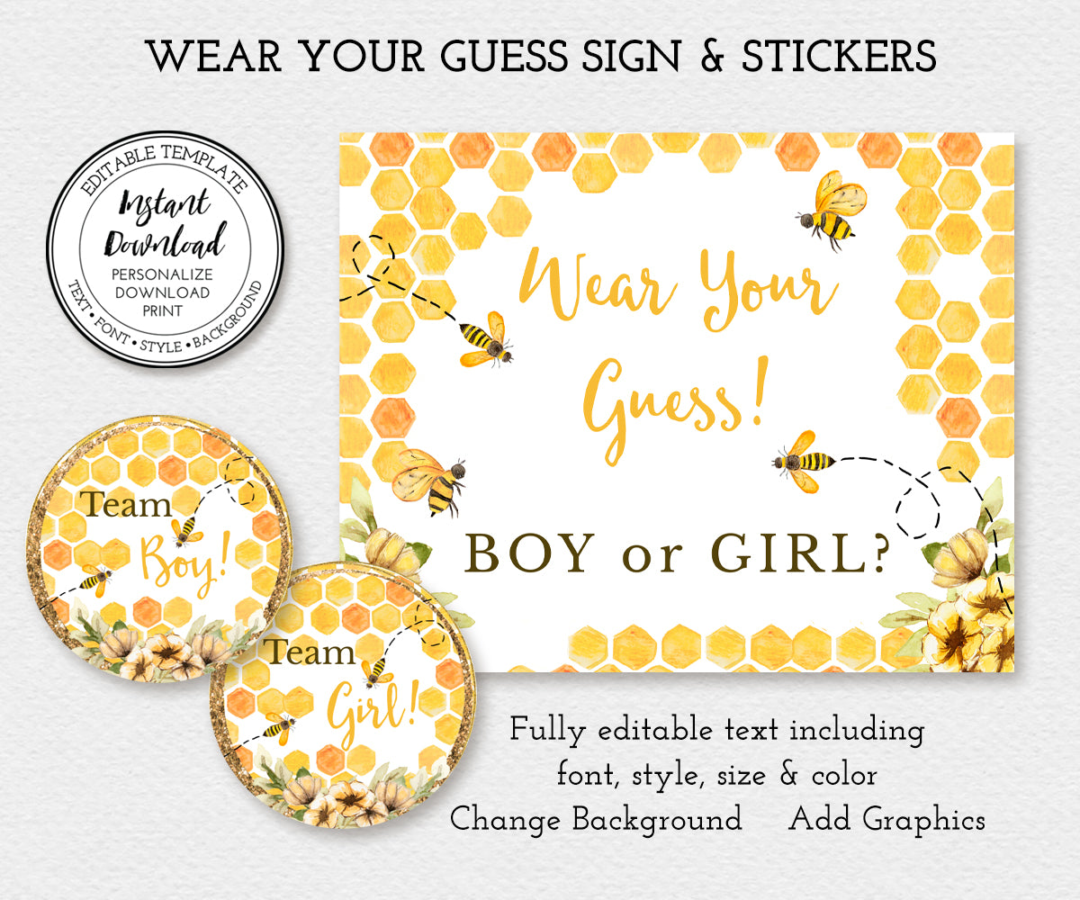 Wear Your Guess sign and stickers with honeycomb, buzzing bees and yellow flowers editble templates for gender reveal game