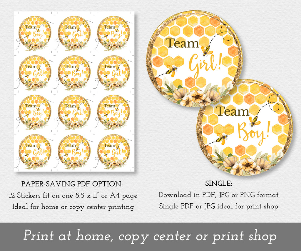 Bee gender reveal team boy team girl stickers shown with 12 on a sheet to save paper and as single stickers