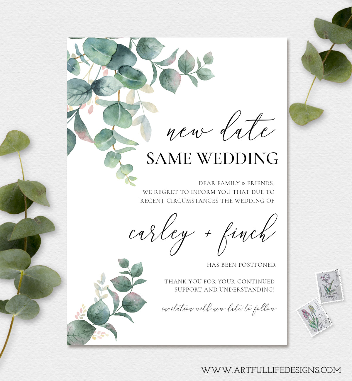 New Wedding Date, Postponed Wedding Announcement, Change of Plans Card, Digital Announcement, Instant Download, Self Edit in Templett