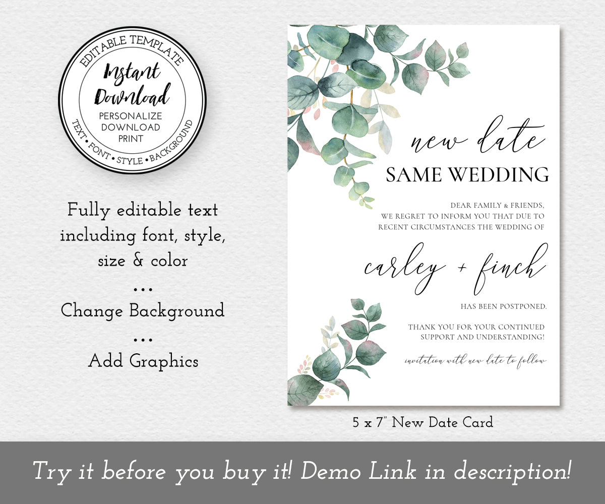 New Wedding Date, Postponed Wedding Announcement, Change of Plans Card, Digital Announcement, Instant Download Template