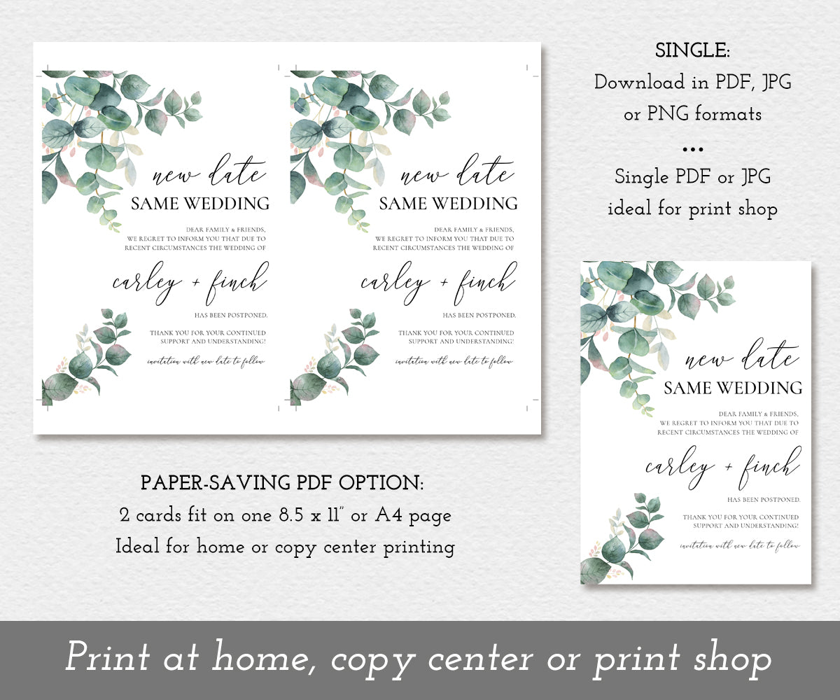 New Wedding Date, Postponed Wedding Announcement, Change of Plans Card, Digital Announcement, Instant Download, Save as PDF