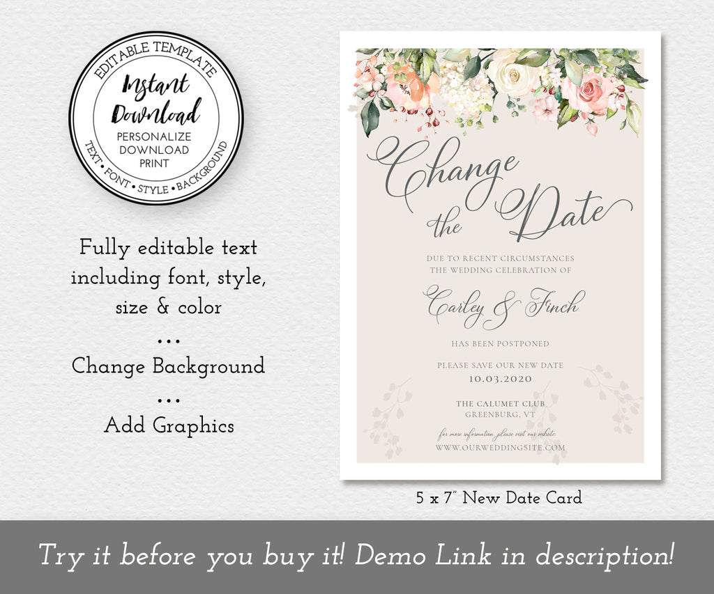 pink and white floral change the date announcement card template