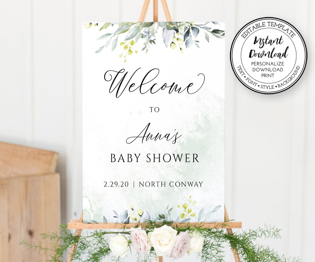 Greenery Baby shower welcome sign with light green watercolor wash, script and serif text, shown sitting on an easel