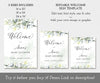 Greenery Baby shower welcome sign with light green watercolor wash, script and serif text, 3 sizes shown: 16 x 20", 18 x 24", 24 x 36", Editable Templates