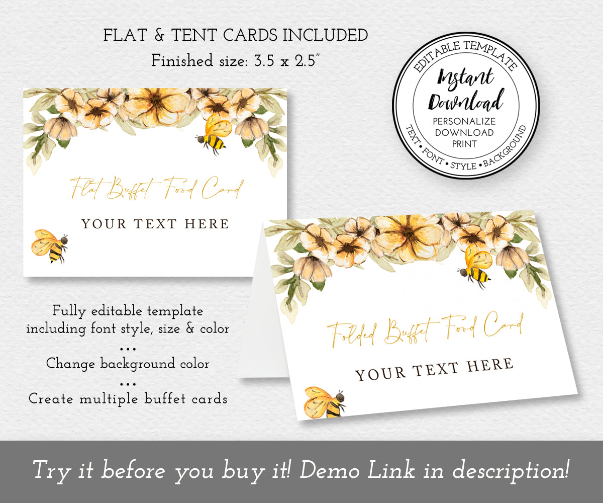 Bee and yellow flowers flat buffet food card and folded tent buffet food card editable templates.