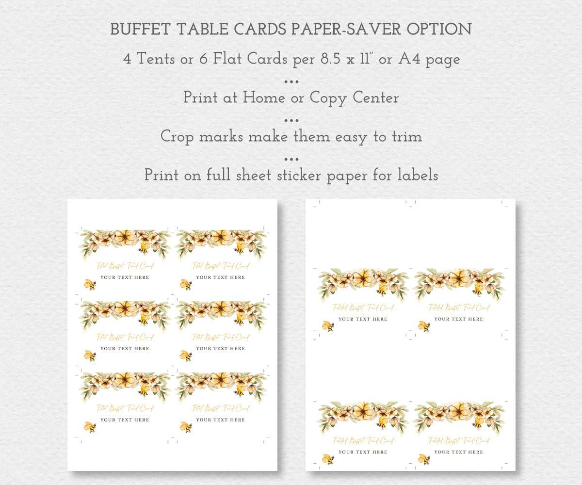 Bee and yellow flower food labels 6 on a sheet flat cards, 4 on a sheet folded tent cards.