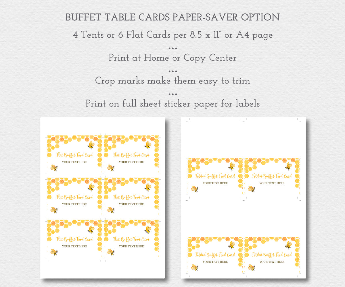 Bee buffet food cards paper saver option with multiple cards on a sheet.
