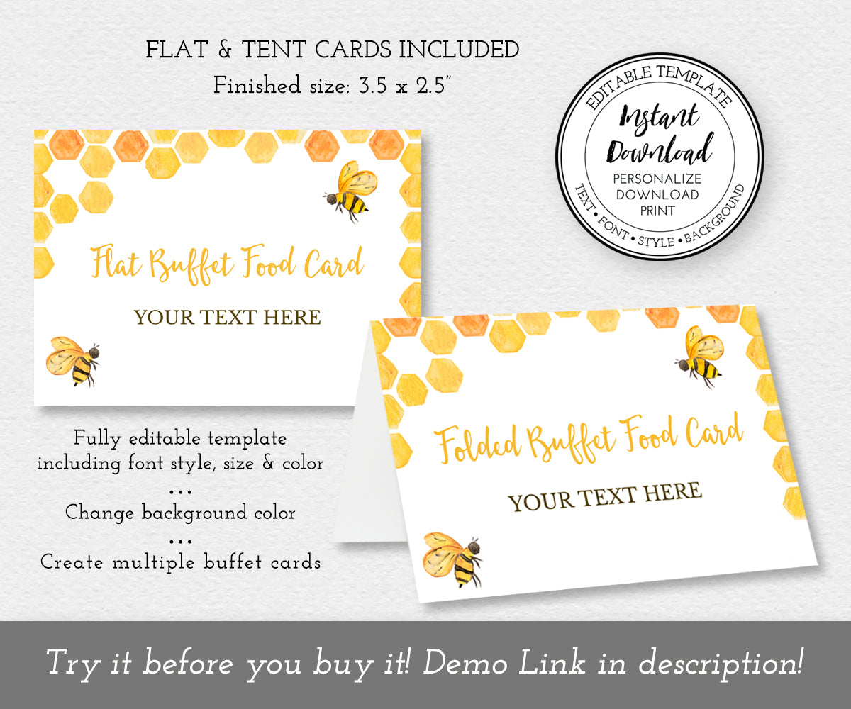 Bee flat buffet food card and folded buffet food card, editable templates.