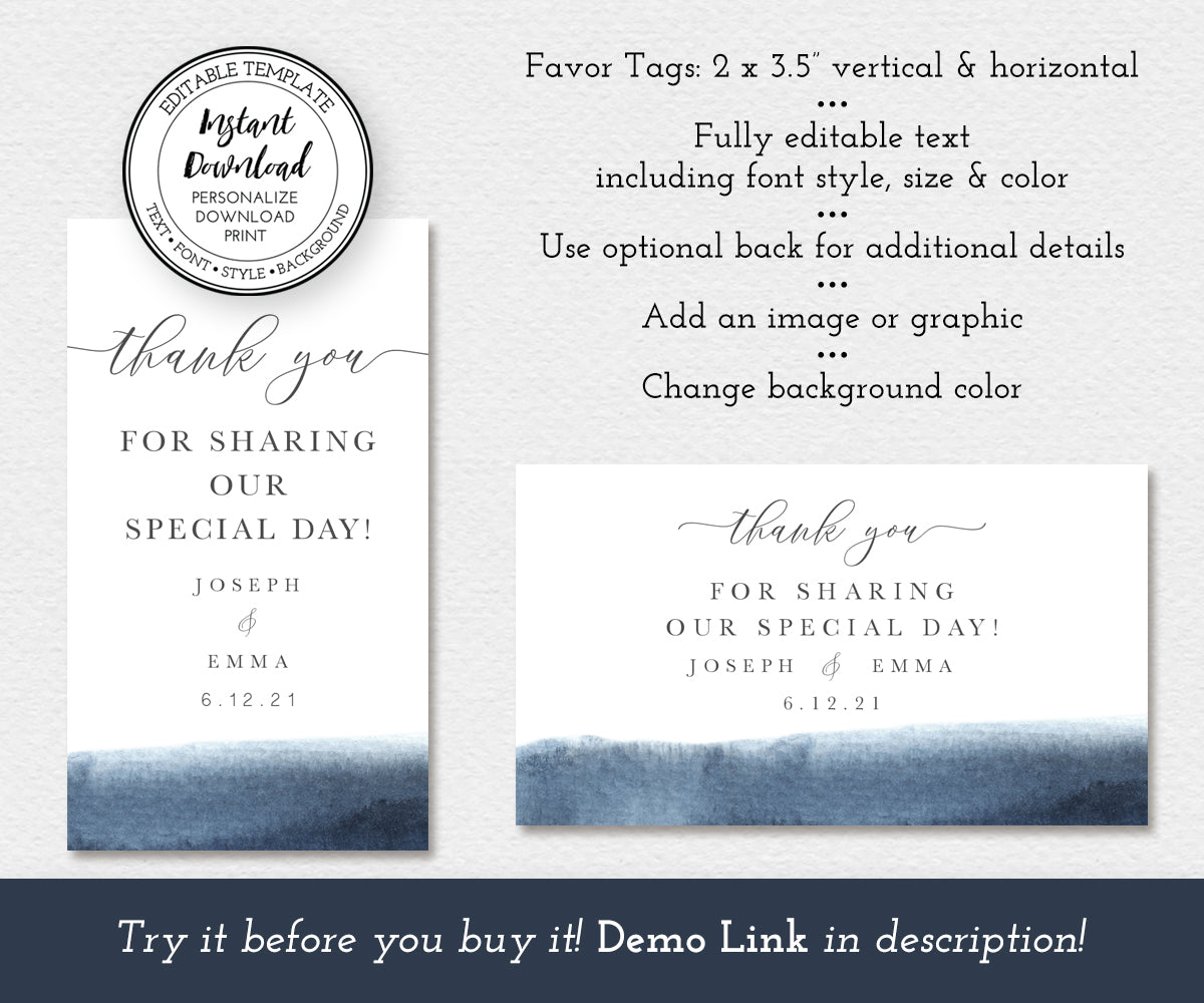 modern minimalist favor tag template, vertical and horizontal with blue watercolor accent