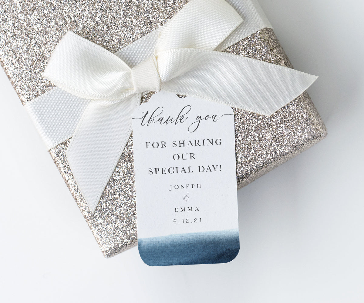 modern minimalist rectangle vertical wedding favor tag with blue watercolor accent