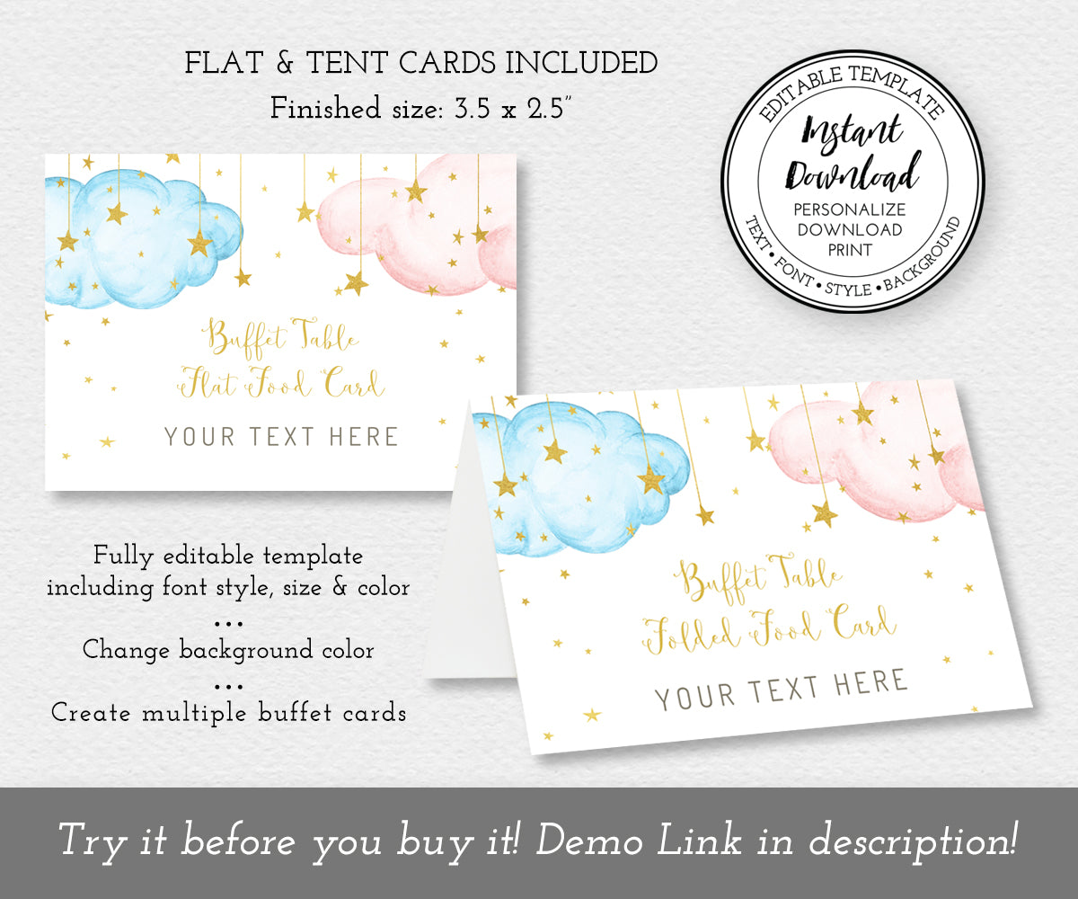 Buffet table cards, flat and folded versions with pink and blue clouds and gold stars, editable templates.