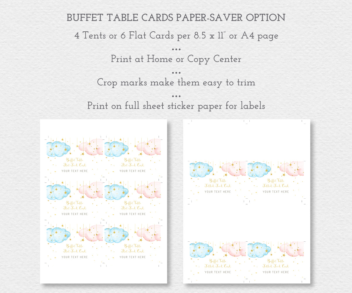 Paper saver option for buffet food cards, tent cards and flat cards for food labels or signs, pink and blue clouds with gold stars for twinkle little star gender reveal or baby shower.