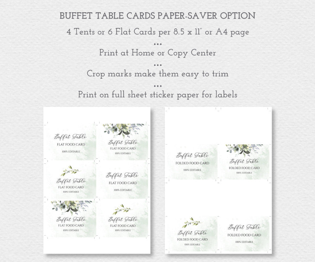 Greenery baby shower buffet food label shower multiples on a single 8.5 x 11" page to save paper for printing.