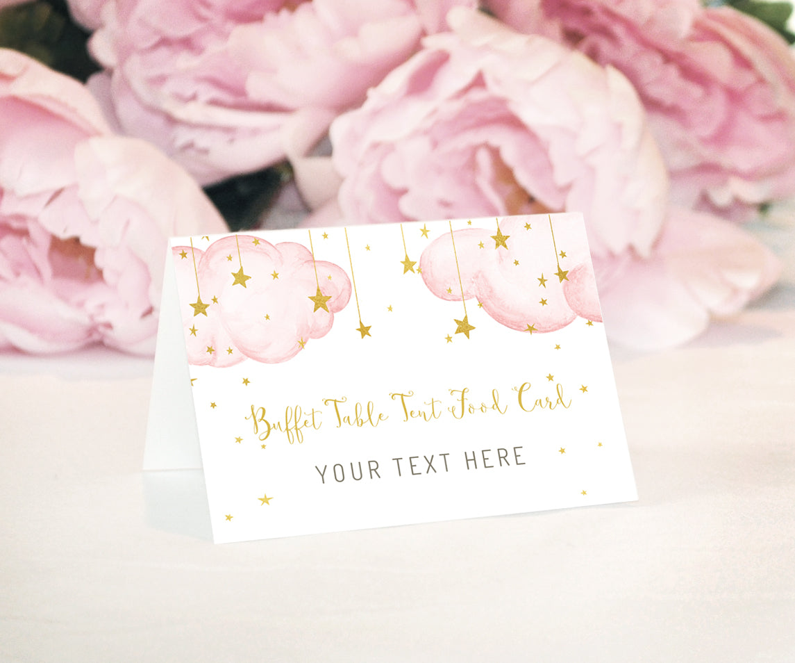 Buffet table food card - pink clouds with gold moon and stars.