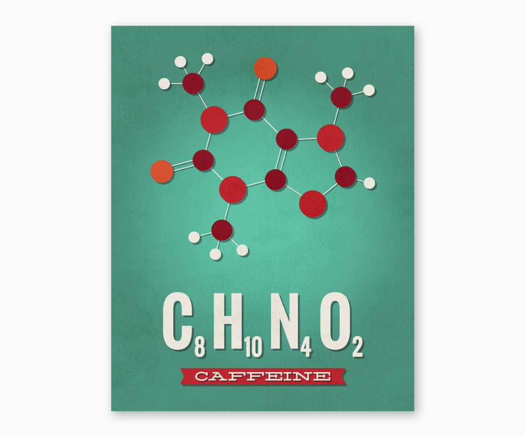 Caffeine molecule kitchen wall art with green background.