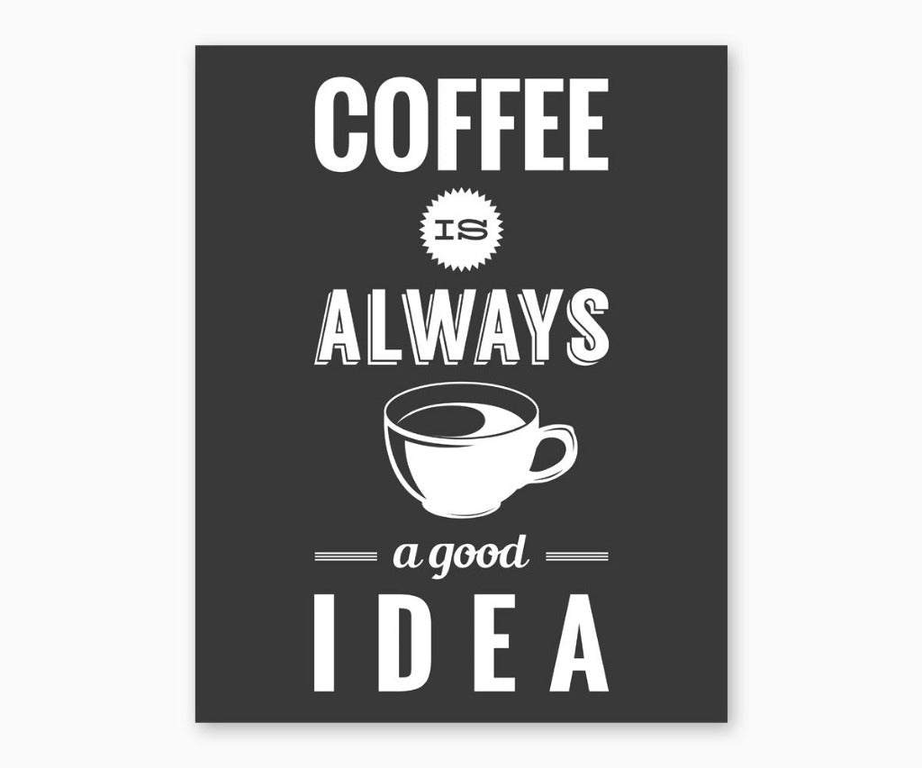 Coffee Is always a good idea white text on black background kitchen wall art printable.