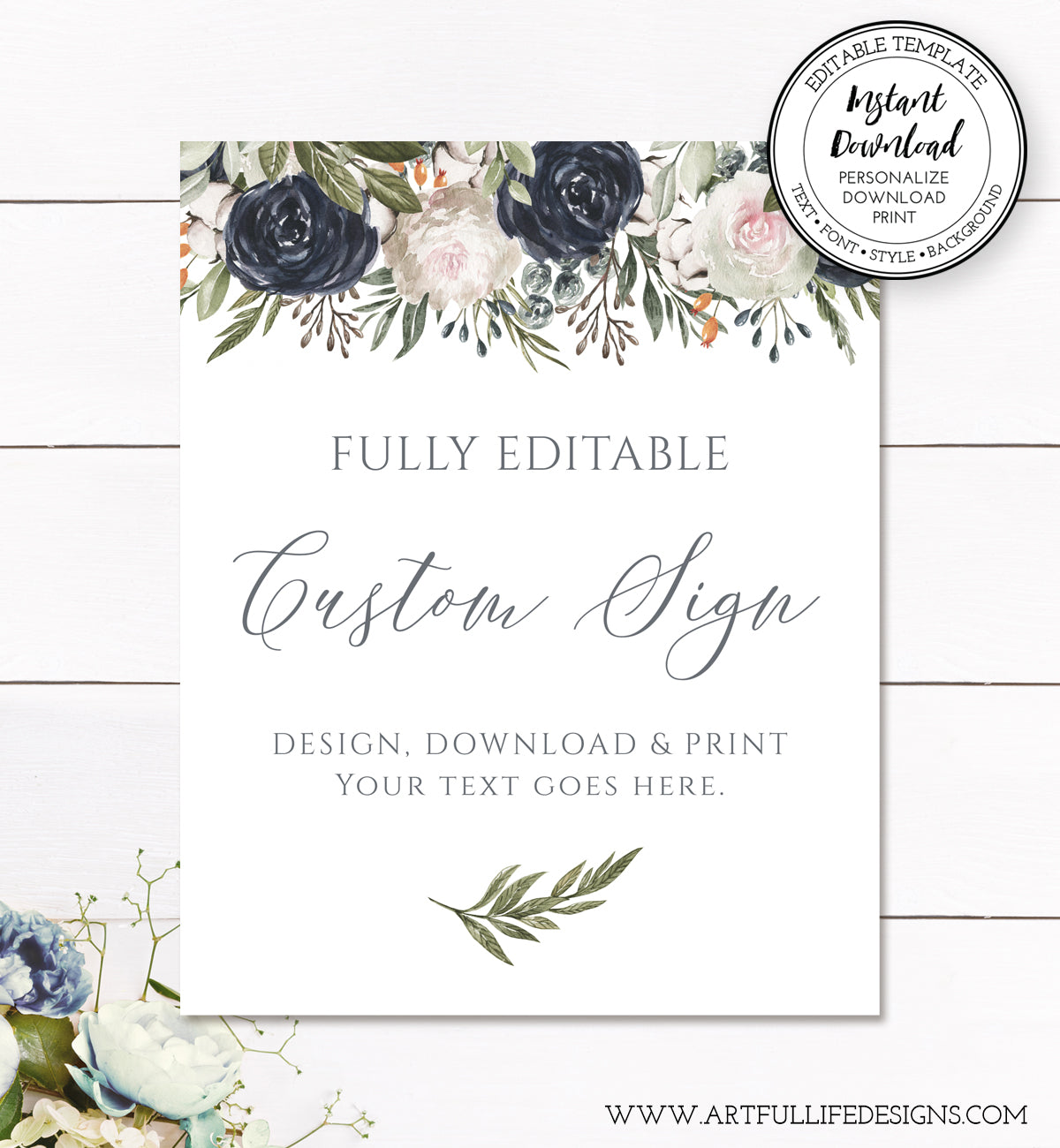 custom wedding sign with navy and white flowers, 8 x 10 portrait