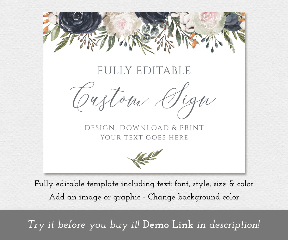 custom wedding sign template, landscape with navy and white flowers