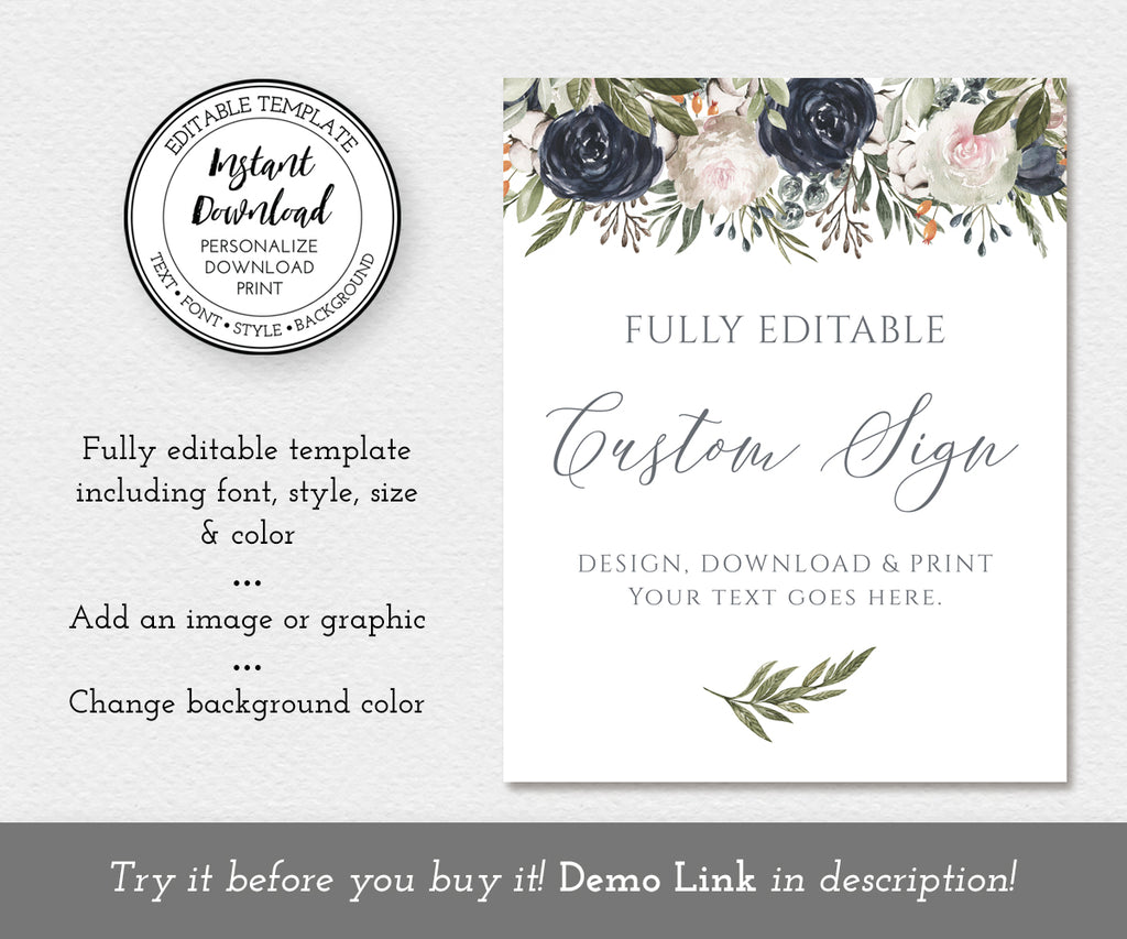 8 x 10 portrait custom sign template with navy and white flowers for wedding, shower or special event