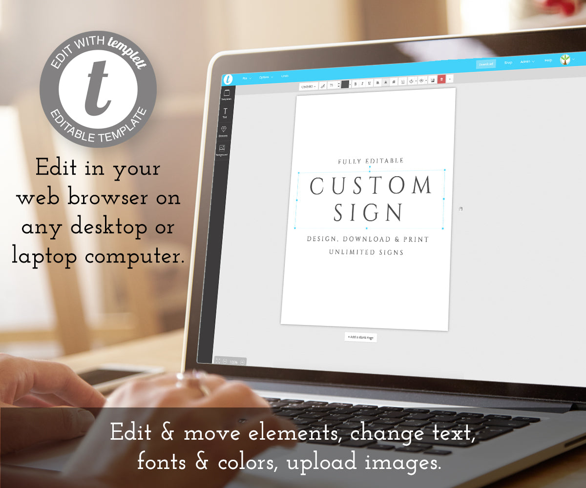 minimalist custom sign template being edited on laptop computer