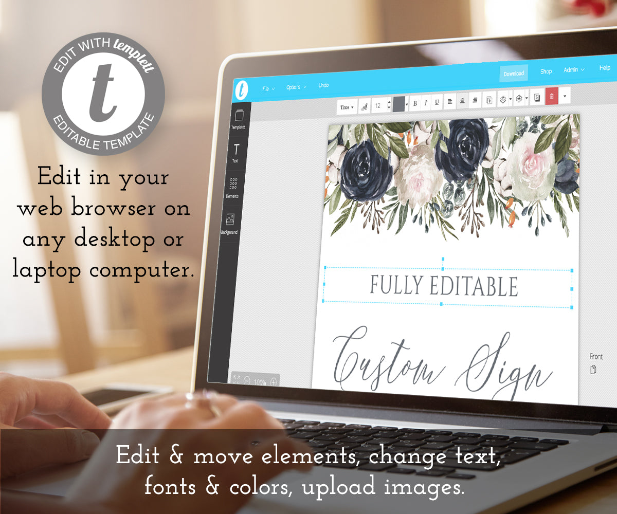 edit online 8 x 10 custom wedding sign template with navy and white flowers