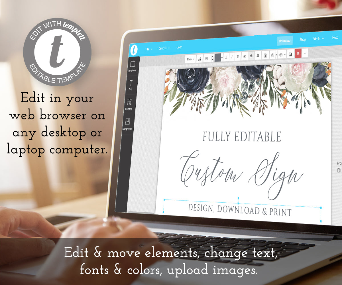edit online custom wedding sign template with navy and white flowers
