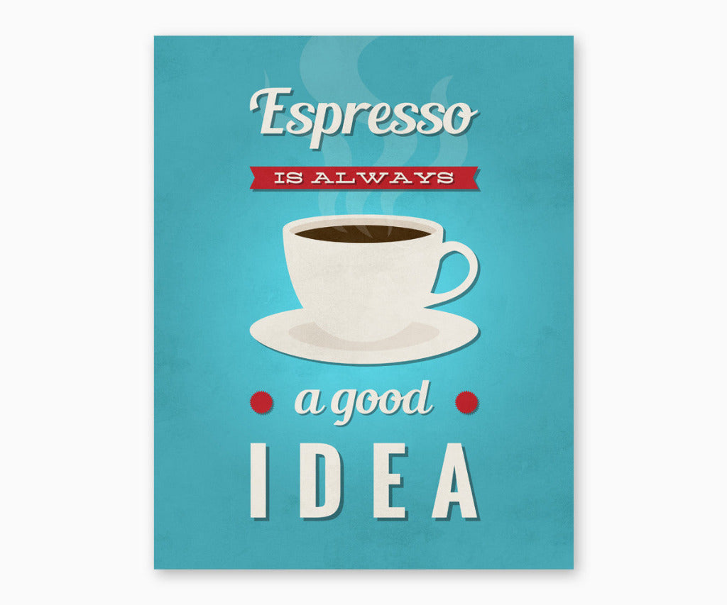 Espresso Is always a good idea retro kitchen wall art printable with blue background.