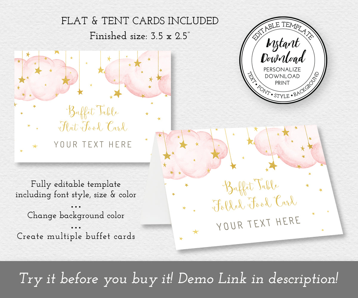 Flat and folded (tent) food card editable templates with pink clouds, gold moon and stars.