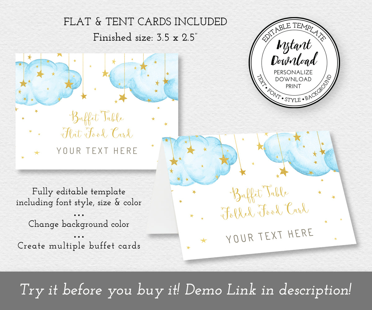Twinkle twinkle little star, buffet flat and folded food cards, blue clouds with gold stars.