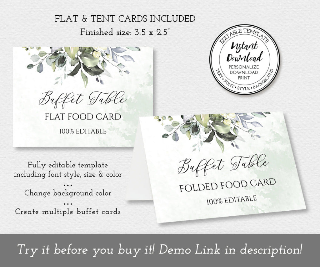 Greenery baby shower buffet food label cards shown in flat and folded versions.