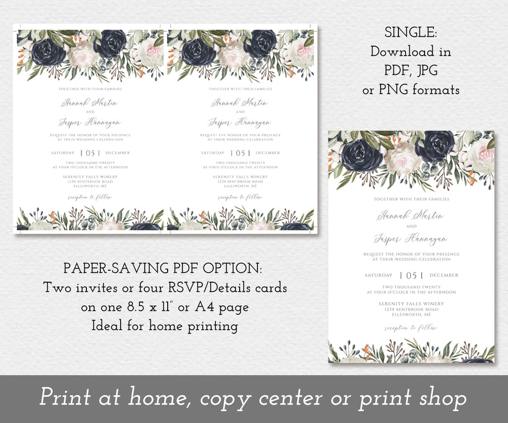 download options for navy and white floral wedding invitation templates