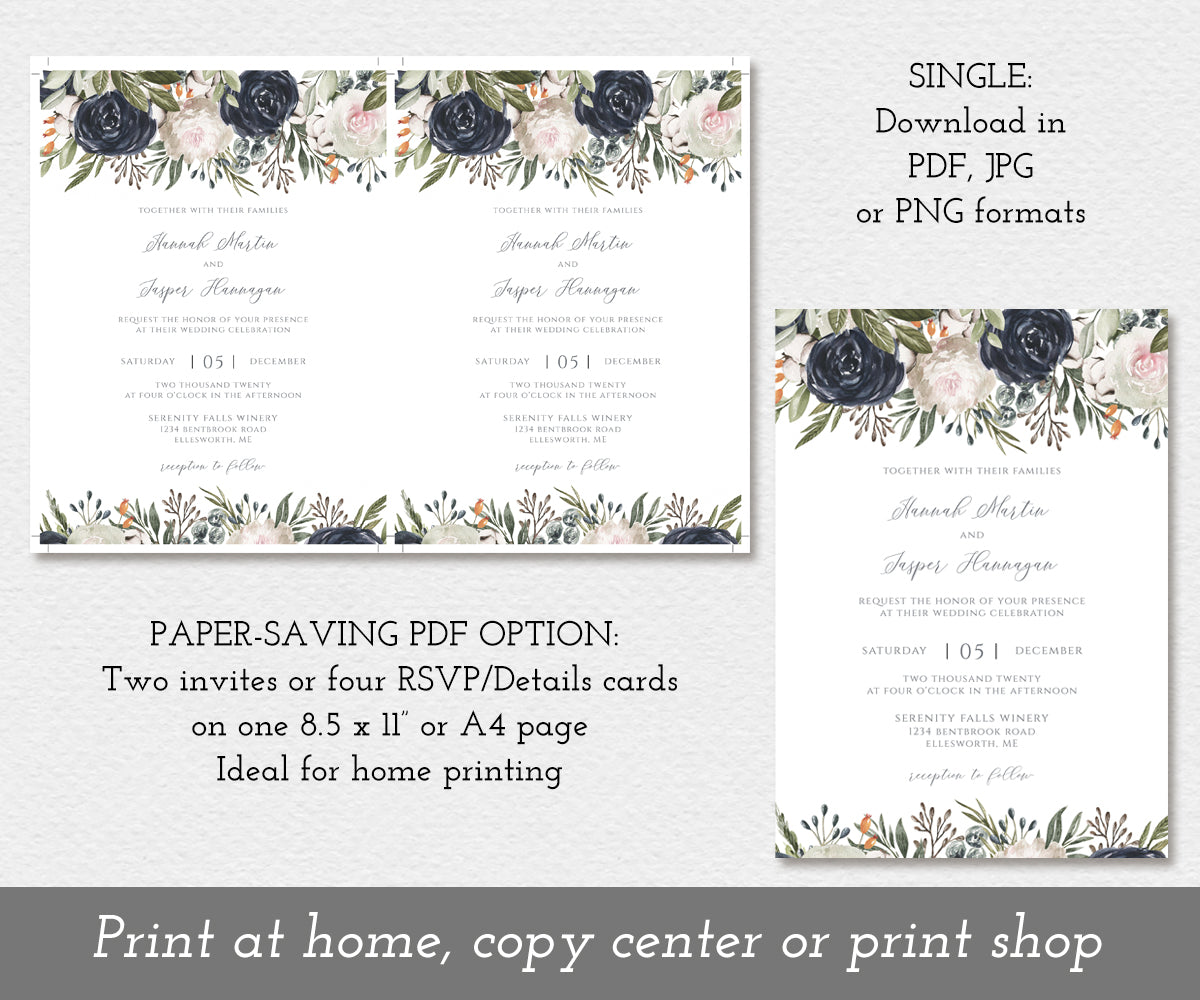 Download options for navy and white floral wedding invitation templates.