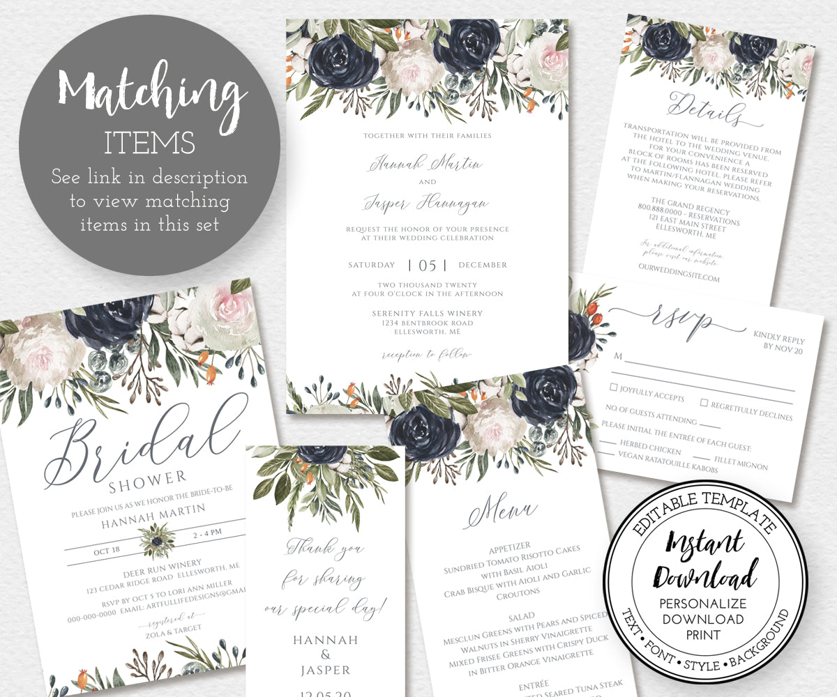 navy and white floral wedding stationery matching items