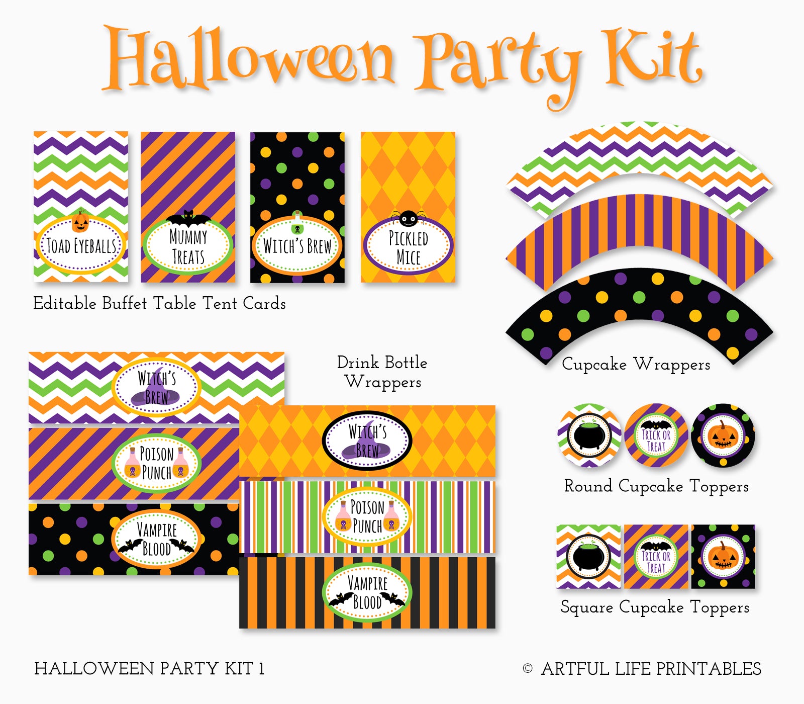Halloween party kit of ready to print designs including food cards, cupcake wrappers & toppers, favor tags & bottle wrappers.