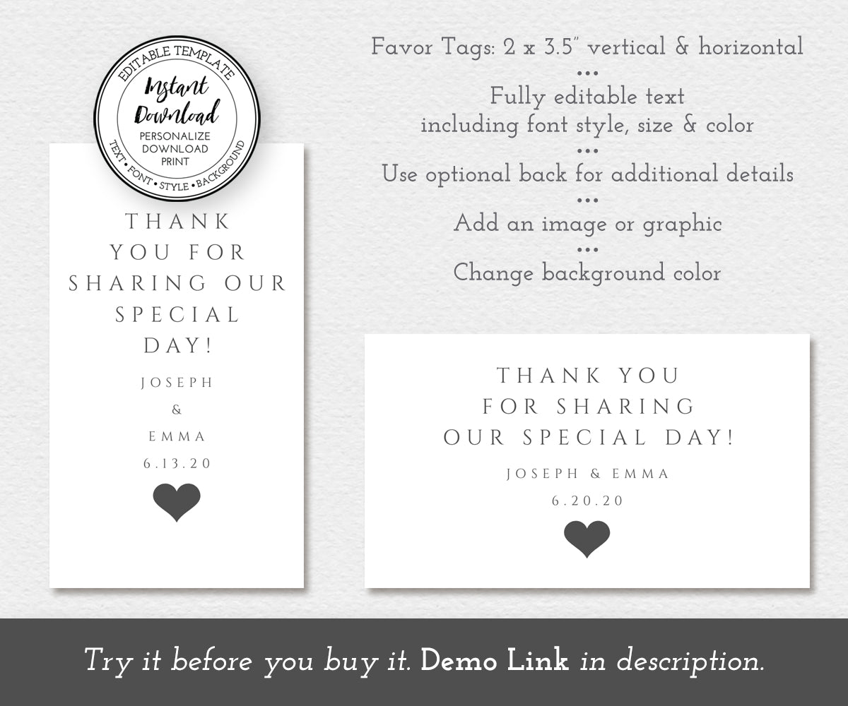 horizontal and vertical minimalist wedding favor tag editable templates